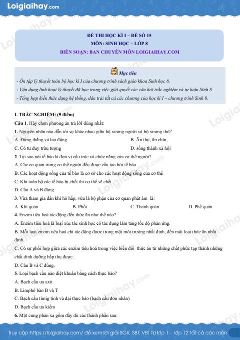 Đề số 15 - Đề kiểm tra học kì 1 - Sinh học 8
